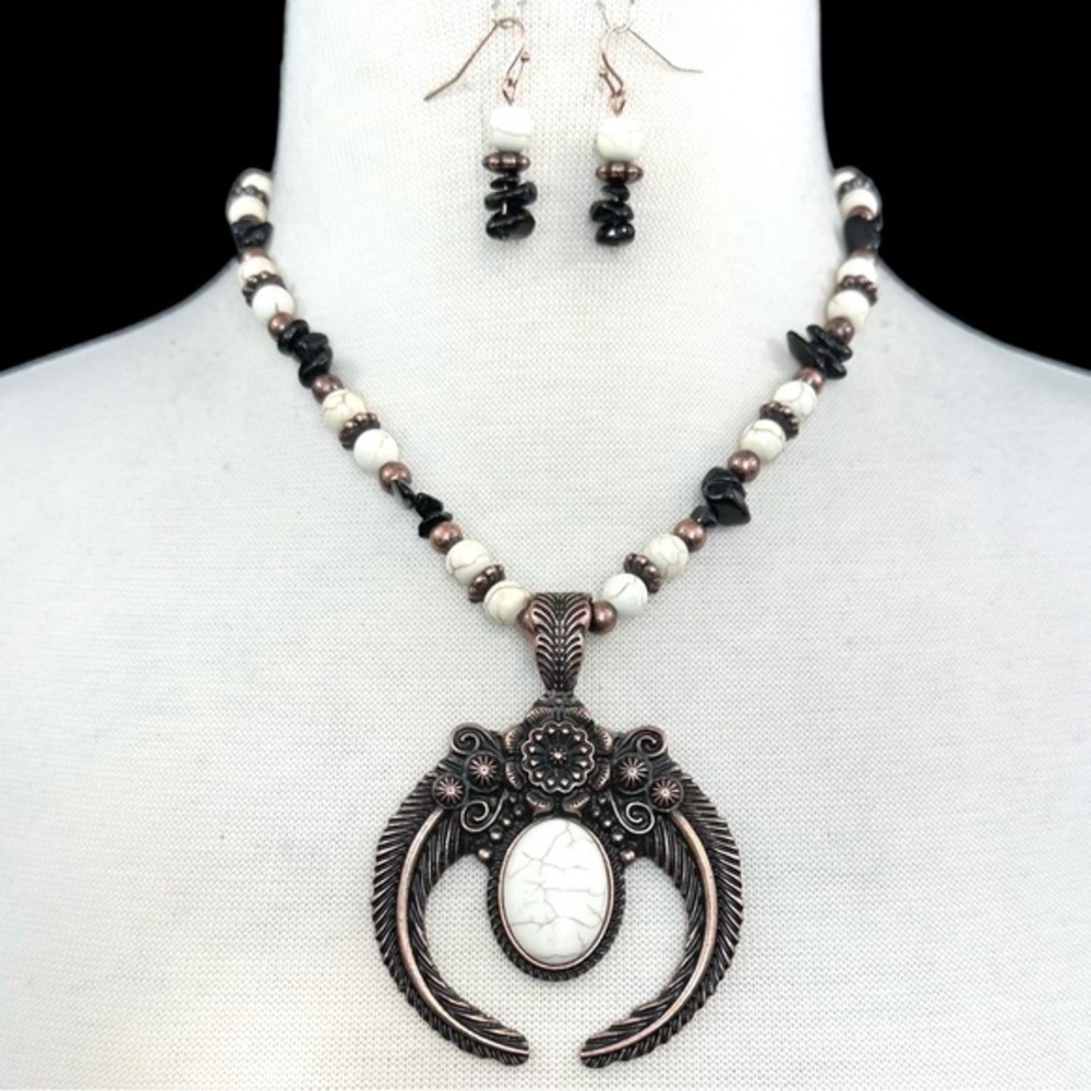 Copper Tone Ivory Stone Beaded Squash Blossom Western Necklace Earrings Set